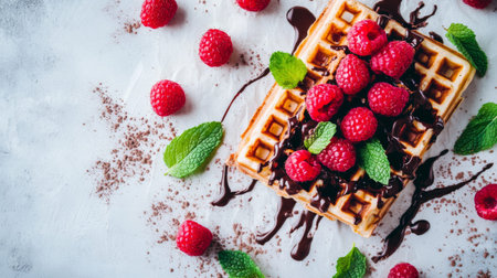 A minimalist flat lay of a waffle topped with raspberries, chocolate drizzle, and mint leaves, presented on a light grey background with elegant composition.の素材