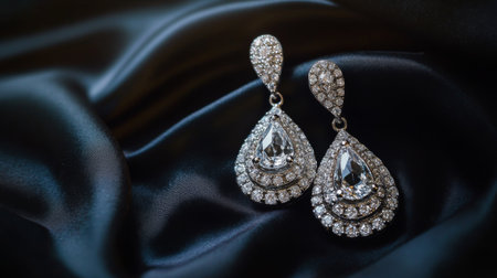 A pair of diamond-studded earrings resting on a black satin cloth, their dazzling brilliance enhanced by the soft glow of studio lighting.の素材