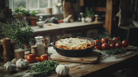 A rustic kitchen scene with a freshly baked lasagna on a wooden table, surrounded by ingredients like tomatoes, herbs, and garlic, showcasing the essence of homemade cooking.の素材