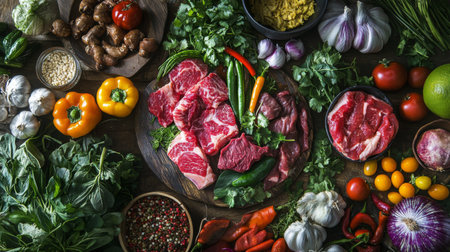 A vibrant food market scene with fresh ingredients for making , including cuts of beef, herbs, and vegetables, highlighting the essence of Thai cooking.の素材