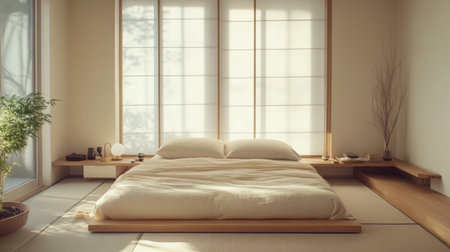 A tranquil Muji-style bedroom with a low-profile bed, soft bedding in earthy tones, and a minimalist aesthetic, promoting relaxation and a clutter-free environment.の素材
