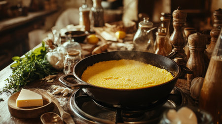 A rustic Italian kitchen scene with a pot of polenta bubbling on the stove, surrounded by fresh ingredients like cornmeal, herbs, and cheese, capturing the essence of homemade cooking.の素材