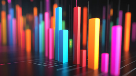 A D-rendered financial bar graph with tall, colorful bars rising against a dark background, symbolizing upward financial growth and successの素材