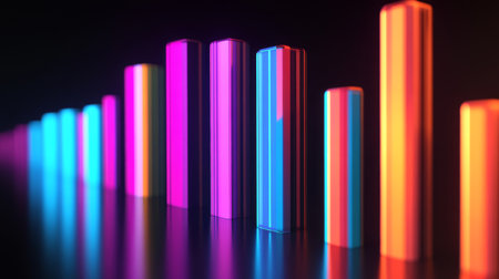 A D-rendered financial bar graph with tall, colorful bars rising against a dark background, symbolizing upward financial growth and successの素材