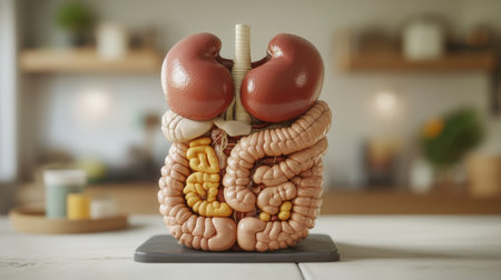 A D model of the human digestive system, including the stomach, intestines, and liver, set on a soft background with clear anatomical detailsの素材