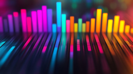 A D-rendered bar graph with rising colorful bars, symbolizing growth in market trends, with a dark and minimalistic background for contrastの素材