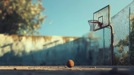 A basketball court from a low angle, showing the hoop, backboard, and a basketball on the ground, with natural lighting highlighting the court's featuresの素材