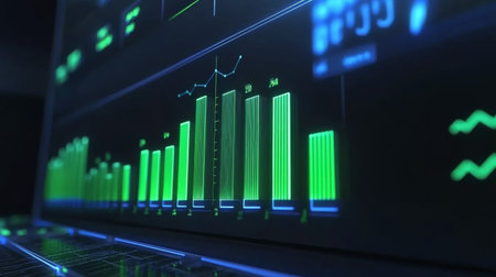 A D financial bar graph with green and blue bars rising in value on a futuristic digital display, showcasing business growth and economic progressの素材