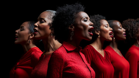 A choir standing together in perfect harmony, with their mouths open in song, their hands resting at their sides, illuminated by soft, natural lightingの素材