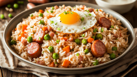 A bowl of American fried rice with sausages, carrots, peas, and a fried egg on top, garnished with green onions, served on a wooden tableの素材