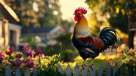 A beautiful rooster standing in a peaceful garden, its vivid plumage glowing in the soft light of early morning, surrounded by greeneryの素材