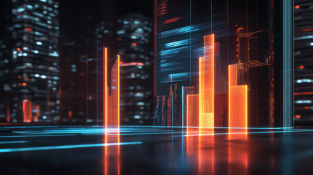 A D financial bar graph with smooth, glowing bars and a minimalistic background, symbolizing steady growth and success in market trendsの素材