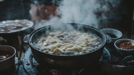 A bubbling pot of shabu with thin slices of pork, tofu, and vegetables cooking in the broth, accompanied by a side of spicy dipping saucesの素材