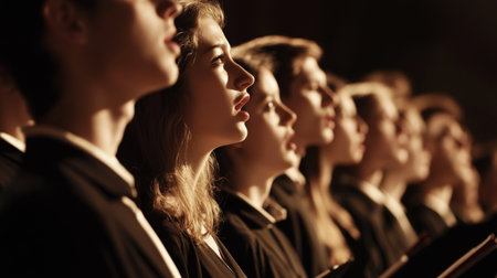 A choir performing on stage with their voices harmonizing beautifully, captured from the side, showing a wide range of singers in motion with soft lightingの素材