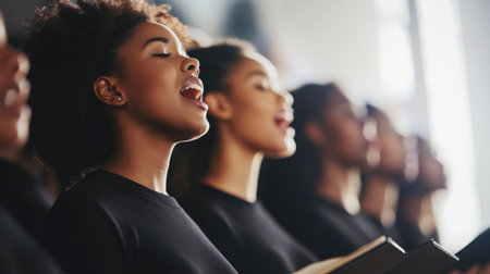 A choir in an elegant performance, with their faces harmonizing in sync and captured against a soft, blurred background that focuses on their expressionの素材