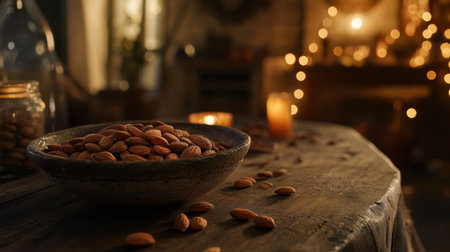 A bowl of almonds placed on a rustic table, with a few almonds scattered around and soft, warm lighting creating a cozy atmosphereの素材