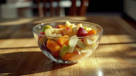 A bowl of fruit salad with mixed seasonal fruits like apple, pear, and orange slices, surrounded by subtle lighting to enhance the colors and texturesの素材