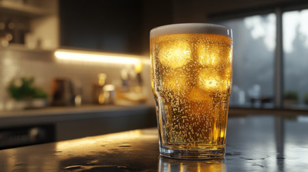 A chilled beer glass with ice, condensation forming on the outside, placed on a countertop with a warm, inviting background and soft lighting highlighting the textureの素材
