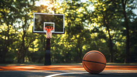A basketball court from a low angle, showing the hoop, backboard, and a basketball on the ground, with natural lighting highlighting the court's featuresの素材