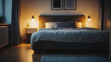 A chic, contemporary bedroom with an ultra-modern bed, polished wood floors, a minimalist aesthetic, and designer lighting creating a warm, welcoming ambianceの素材