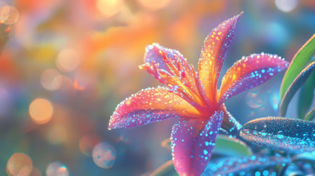 A bright, colorful flower with droplets of water on its petals, set against a blurred garden background, creating a fresh and serene sceneの素材