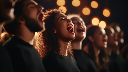 A choir standing together in perfect harmony, with their mouths open in song, their hands resting at their sides, illuminated by soft, natural lightingの素材