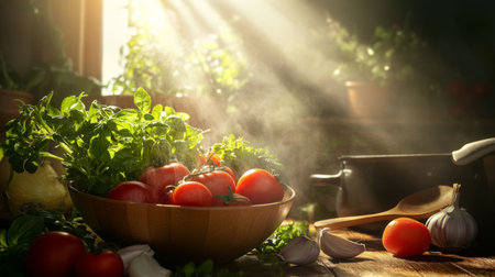 A bowl of fresh ingredients like tomatoes, garlic, and herbs, with a cooking pot and wooden spoon in the background, illuminated by soft, diffused kitchen lightの素材