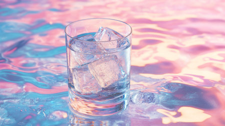 A chilled glass of soda filled with large ice cubes and sparkling bubbles, sitting on a cool, smooth surface with soft natural light highlighting the textureの素材