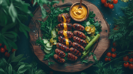 A top-down view of cooked sausages served on a rustic wooden plate, with fresh vegetables and mustard on the side, under soft ambient lightingの素材
