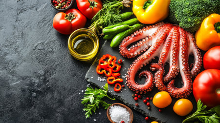 Grilled octopus served on a rustic stone platter, drizzled with olive oil and sprinkled with coarse sea salt, with a side of fresh vegetablesの素材