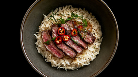 A top-down view of rice topped with succulent beef slices in a rich, brown sauce, garnished with chili slices and herbs, showcasing the delicious simplicity of the dishの素材