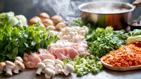 A variety of fresh ingredients for shabu laid out on a table, including sliced pork, mushrooms, and leafy greens, with a steaming pot of broth in the backgroundの素材
