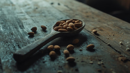 A wooden spoon filled with raw almonds placed on a rustic wooden table, surrounded by a few scattered almonds, with a warm, inviting ambianceの素材