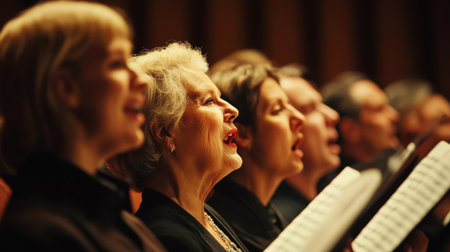 A wide-angle shot of a choir singing together, their voices united in harmony with the soft focus on their facial expressions and musical gesturesの素材