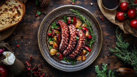 A top-down view of grilled octopus tentacles on a ceramic plate, surrounded by roasted vegetables and herbs for a Mediterranean-style presentationの素材