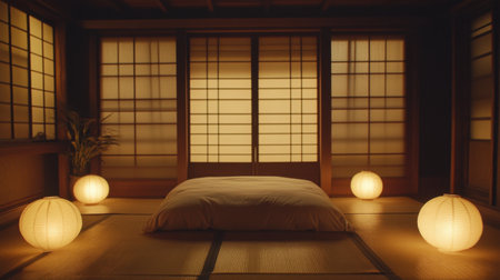 A tranquil Japanese bedroom with a futon on the floor, clean lines, and neutral shades, surrounded by traditional paper lanterns and wooden elementsの素材