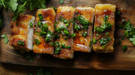 A top-down view of crispy pork belly slices, golden and glistening with fish sauce, placed on a wooden cutting board with a subtle reflection of lightの素材