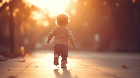 A young child taking their first steps on a sidewalk, the soft golden light of sunrise surrounding them, highlighting their innocence and curiosityの素材