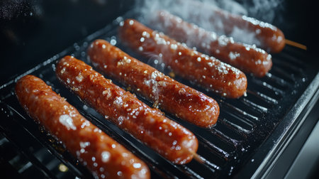 A wide shot of sausages on a grill, with a light glaze of oil and smoke rising, captured in soft, natural light, creating a mouth-watering atmosphereの素材