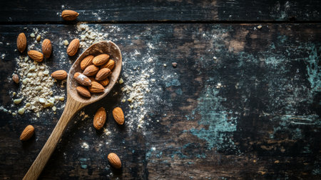 A wooden spoon filled with raw almonds placed on a rustic wooden table, surrounded by a few scattered almonds, with a warm, inviting ambianceの素材