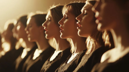 close-up of a choir of singers in unison, with their faces filled with emotion, captured from behind as they perform in soft lightingの素材