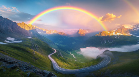 A vibrant rainbow above a winding road in a mountain valley, with sunlight breaking through patches of mistの素材
