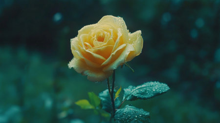 A yellow rose with fresh dew on its petals, set against a soft green garden background for a cheerful and vibrant lookの素材