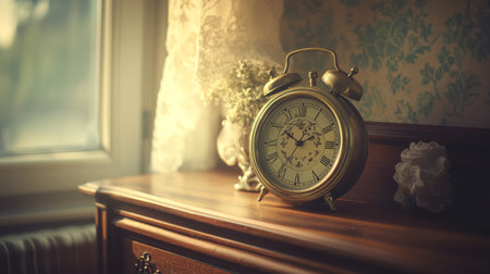 A vintage-style alarm clock with a brass finish, placed on a retro wooden dresser, surrounded by soft morning light, capturing a sense of nostalgia and calmの素材
