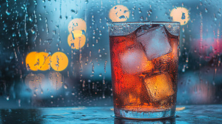 A vibrant image of a glass filled with sparkling soda and large ice cubes, surrounded by droplets of condensation and captured in bright, clear lightingの素材