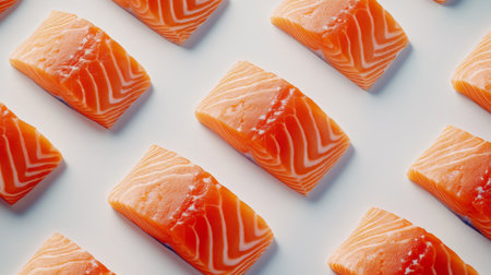 Fresh cuts of salmon fillets with their skin on, displayed on a pristine white surface, with rich orange color and visible textureの素材