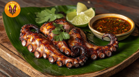 Grilled octopus resting on a banana leaf over a wooden table, accompanied by lime wedges and spicy dipping sauce for a Thai-inspired lookの素材