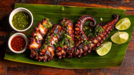 Grilled octopus resting on a banana leaf over a wooden table, accompanied by lime wedges and spicy dipping sauce for a Thai-inspired lookの素材
