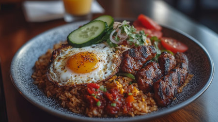 A vibrant plate of American fried rice with eggs, sausage, and vegetables, garnished with a slice of cucumber and tomato, set on a wooden tableの素材
