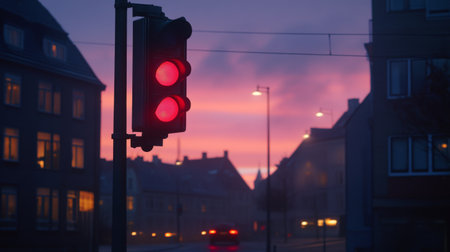 A traffic light showing a red signal, positioned in front of a building with soft evening sky in the background, creating a serene yet alert mood in a quiet urban settingの素材